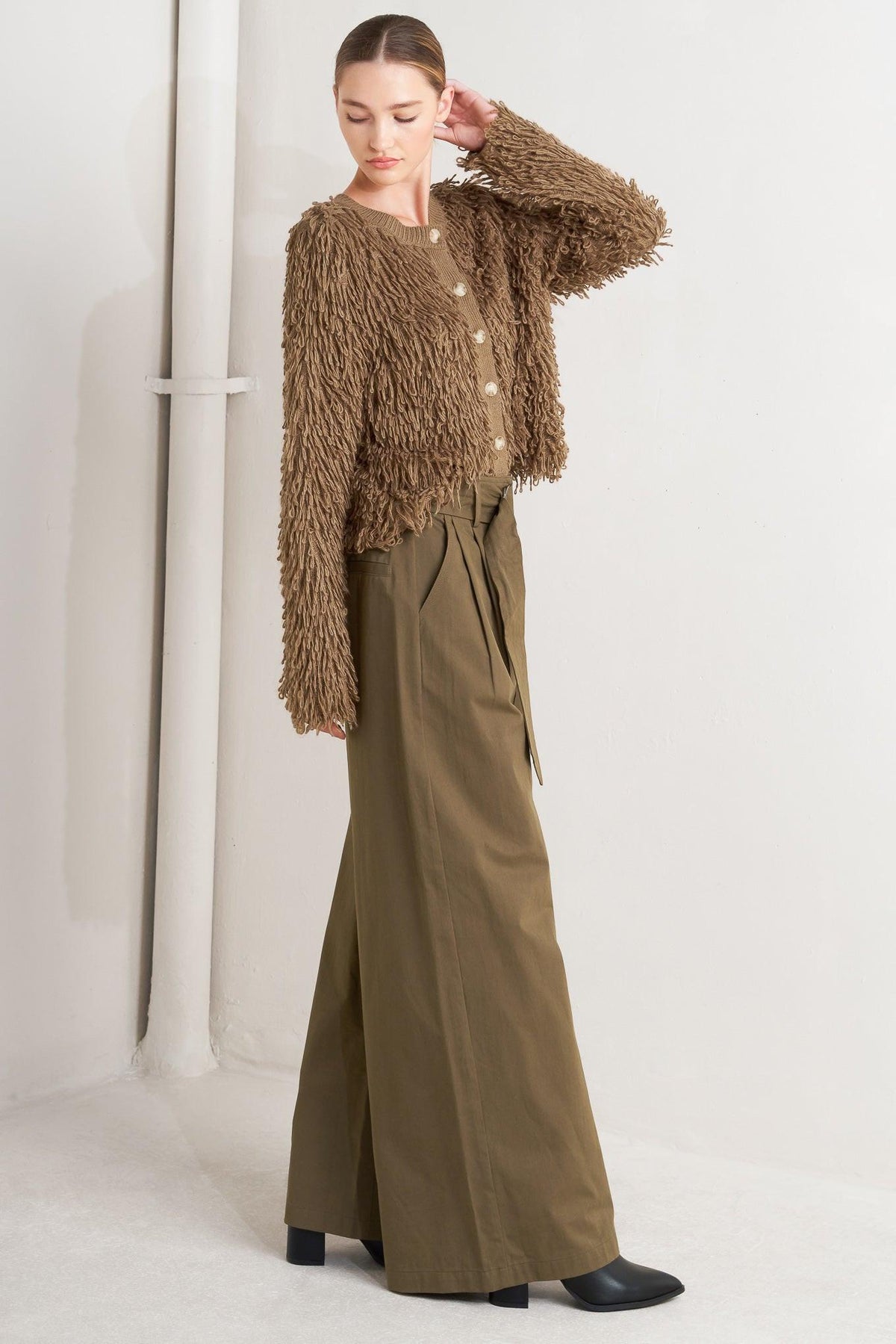 Olive woven wide-leg pants with high waist tie and button closure