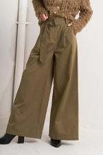 Olive woven wide-leg pants with belt loops, pockets, and ankle-length hem