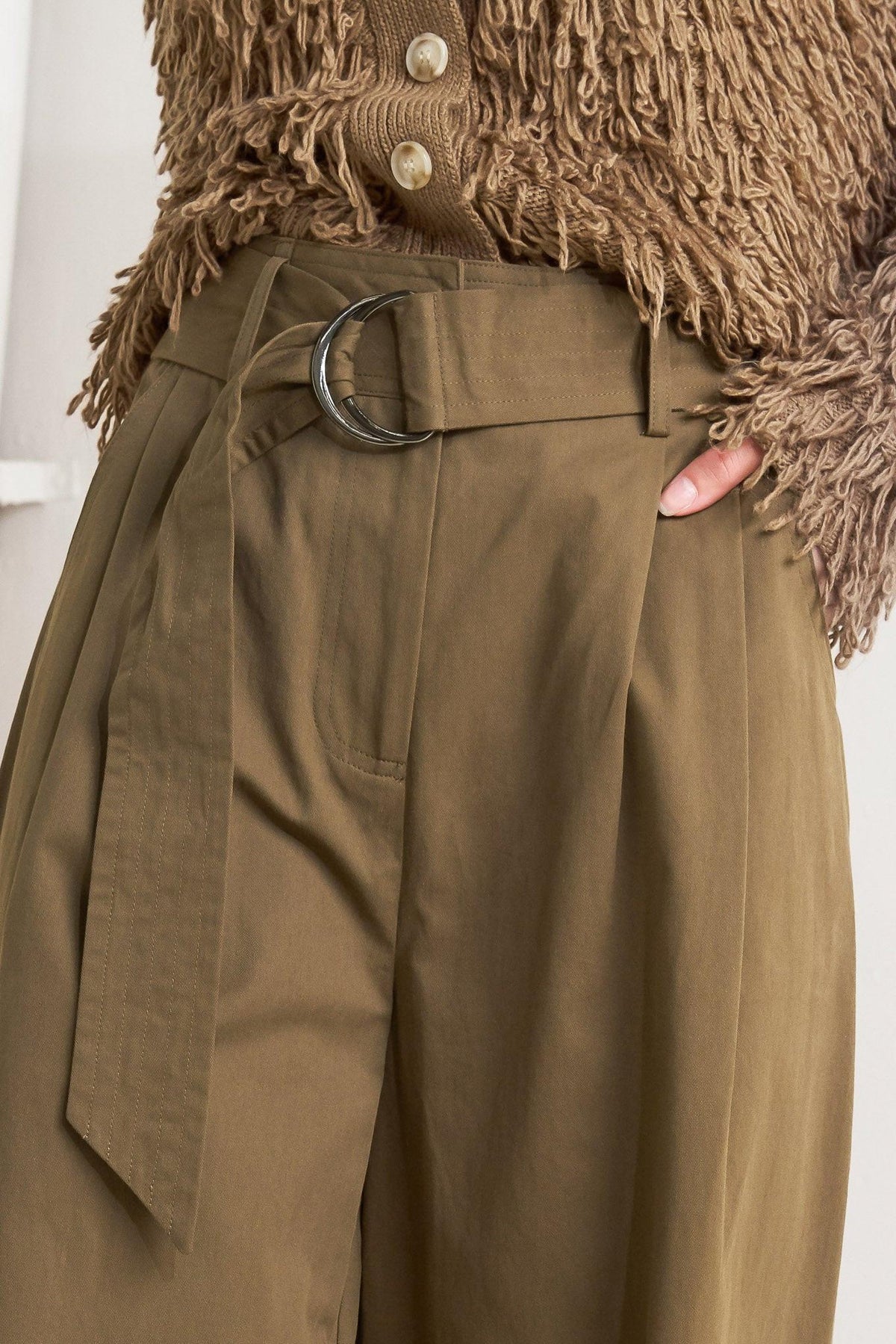 Olive woven pants with belt, pleated front, and side pockets