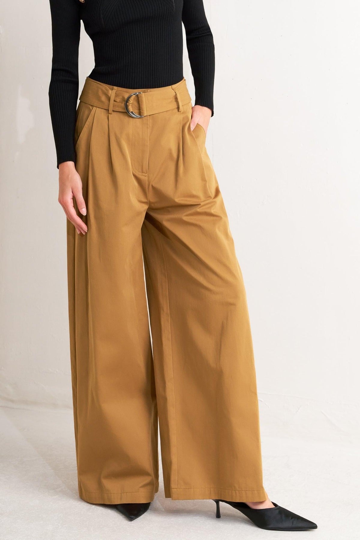 Camel woven wide-leg pants with adjustable belt, front pleats, and cuffed hem