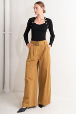 Camel woven wide-leg pants with belt, front pleats, and side pockets