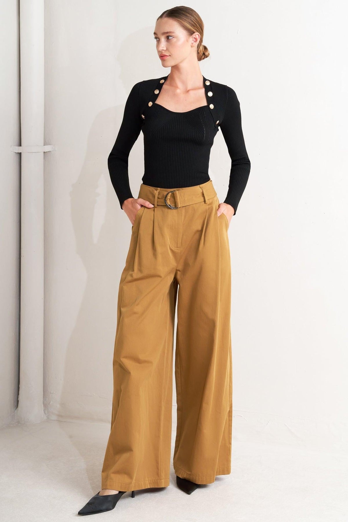 Camel woven wide-leg pants with belt, front pleats, and side pockets