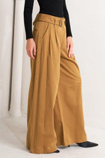 Camel woven wide-leg pants with waist belt, front pleats, and slanted pockets