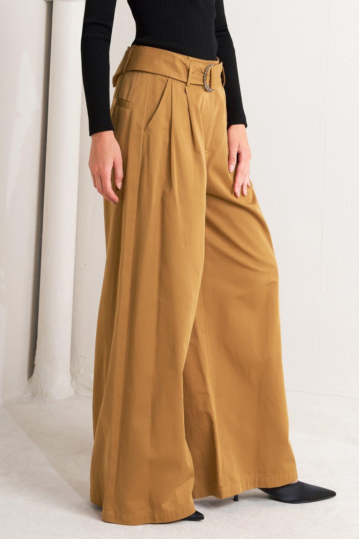 Camel woven wide-leg pants with waist belt, front pleats, and slanted pockets