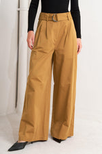 Camel woven wide-leg pants with belt buckle and roomy straight-leg silhouette