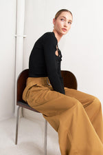 Camel woven wide-leg pants, high waist with belt loops and front pockets