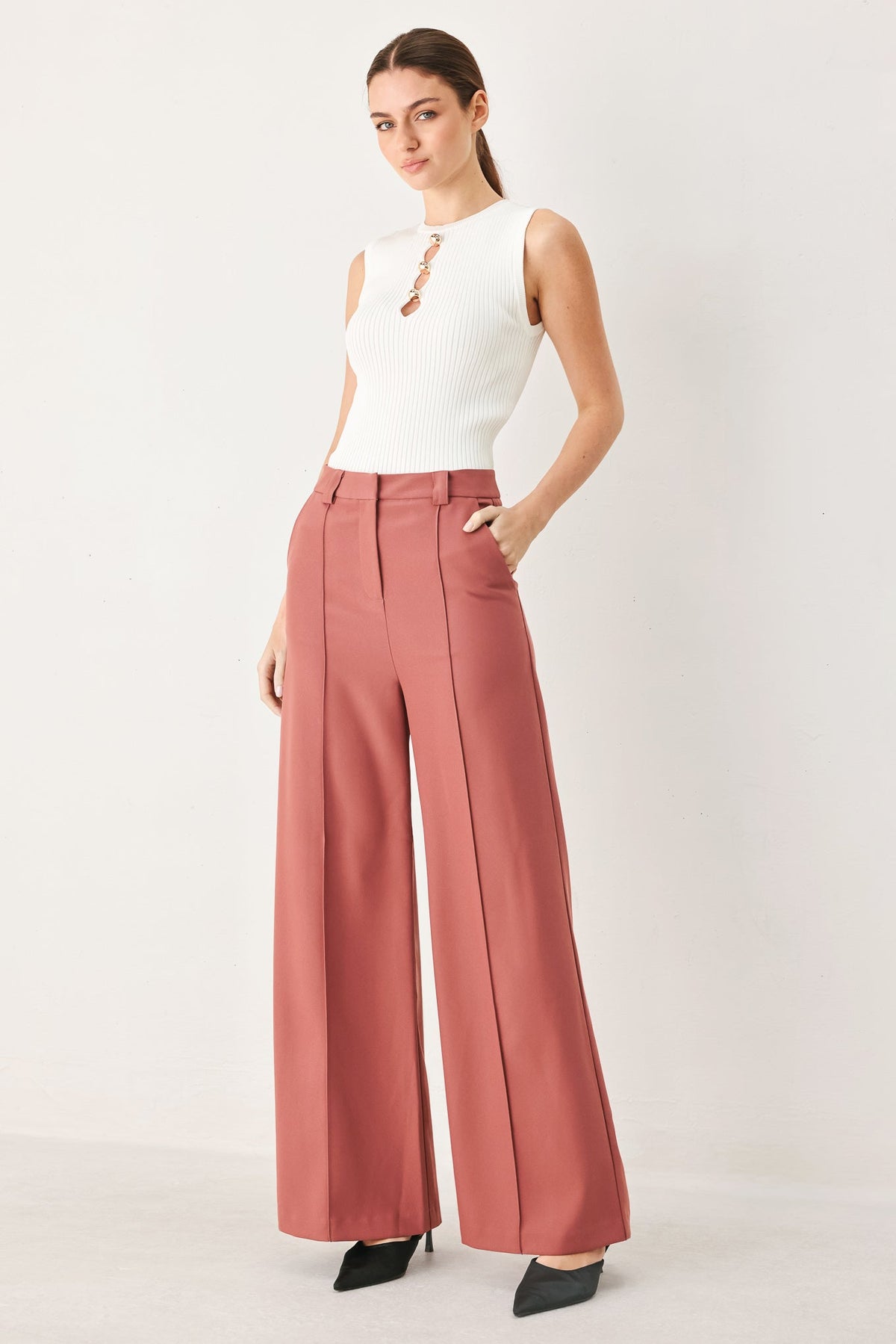 Dried rose woven wide-leg pants with high waist, center crease, belt loops, side pockets.