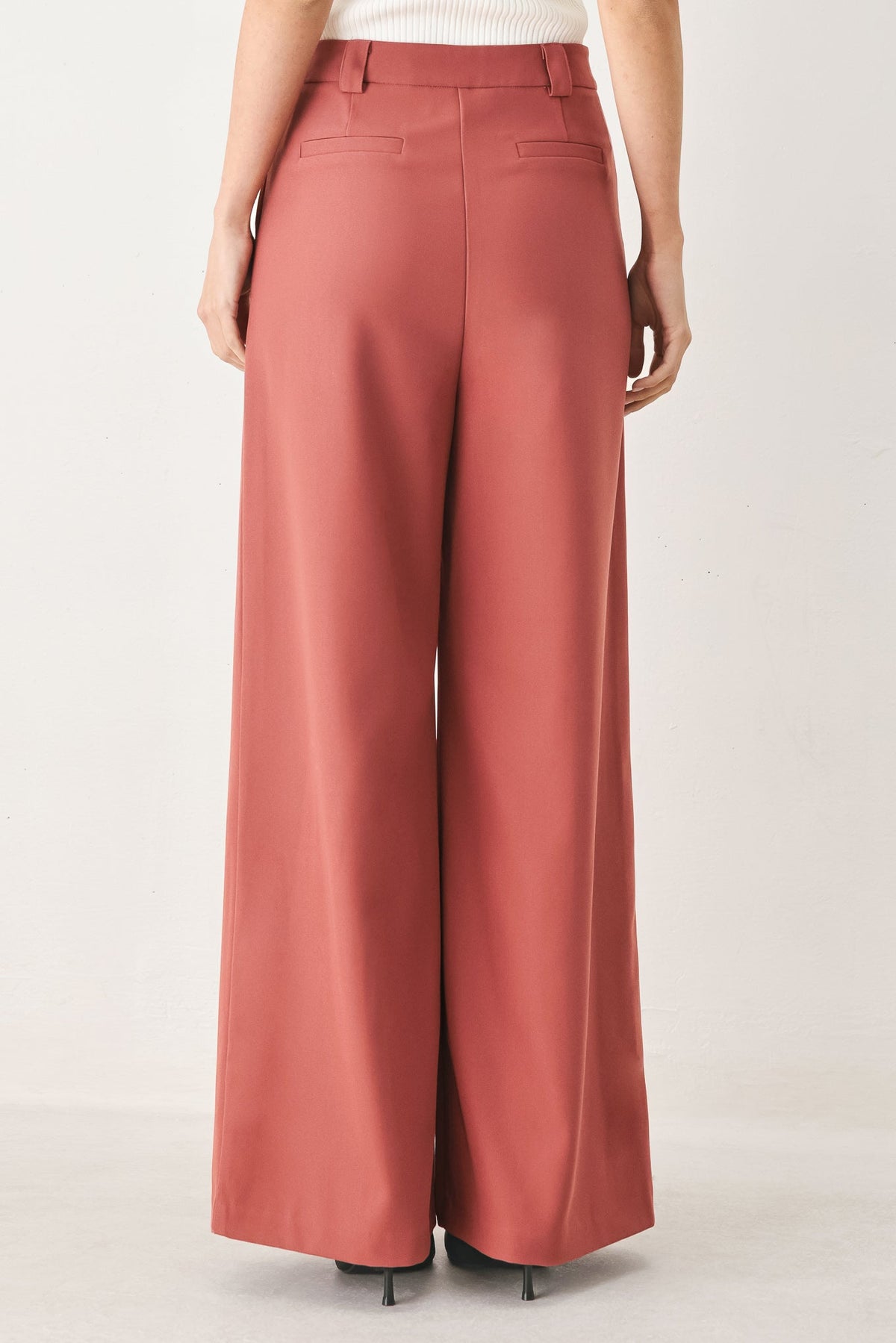 Dried rose wide-leg woven pants with front crease and button waistband