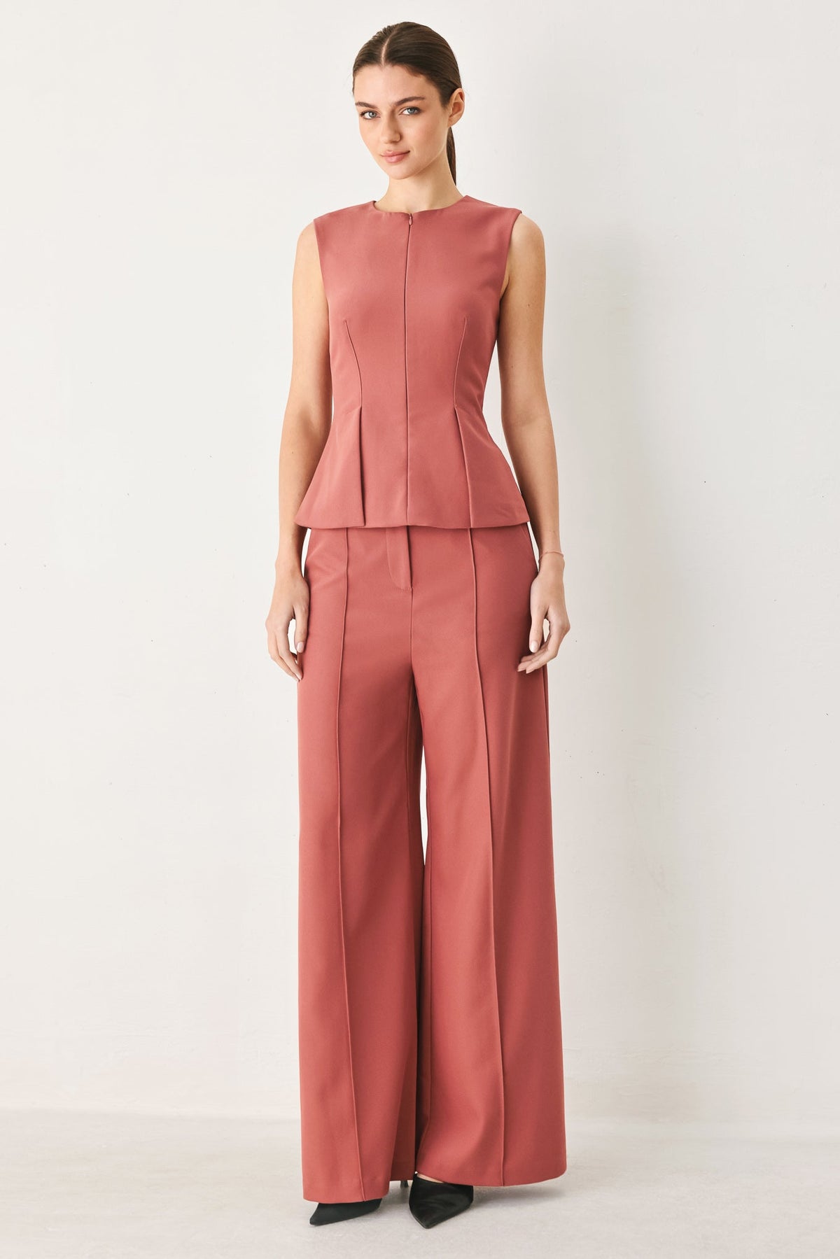 Rose wide-leg woven pants with belt loops and front pleat detailing