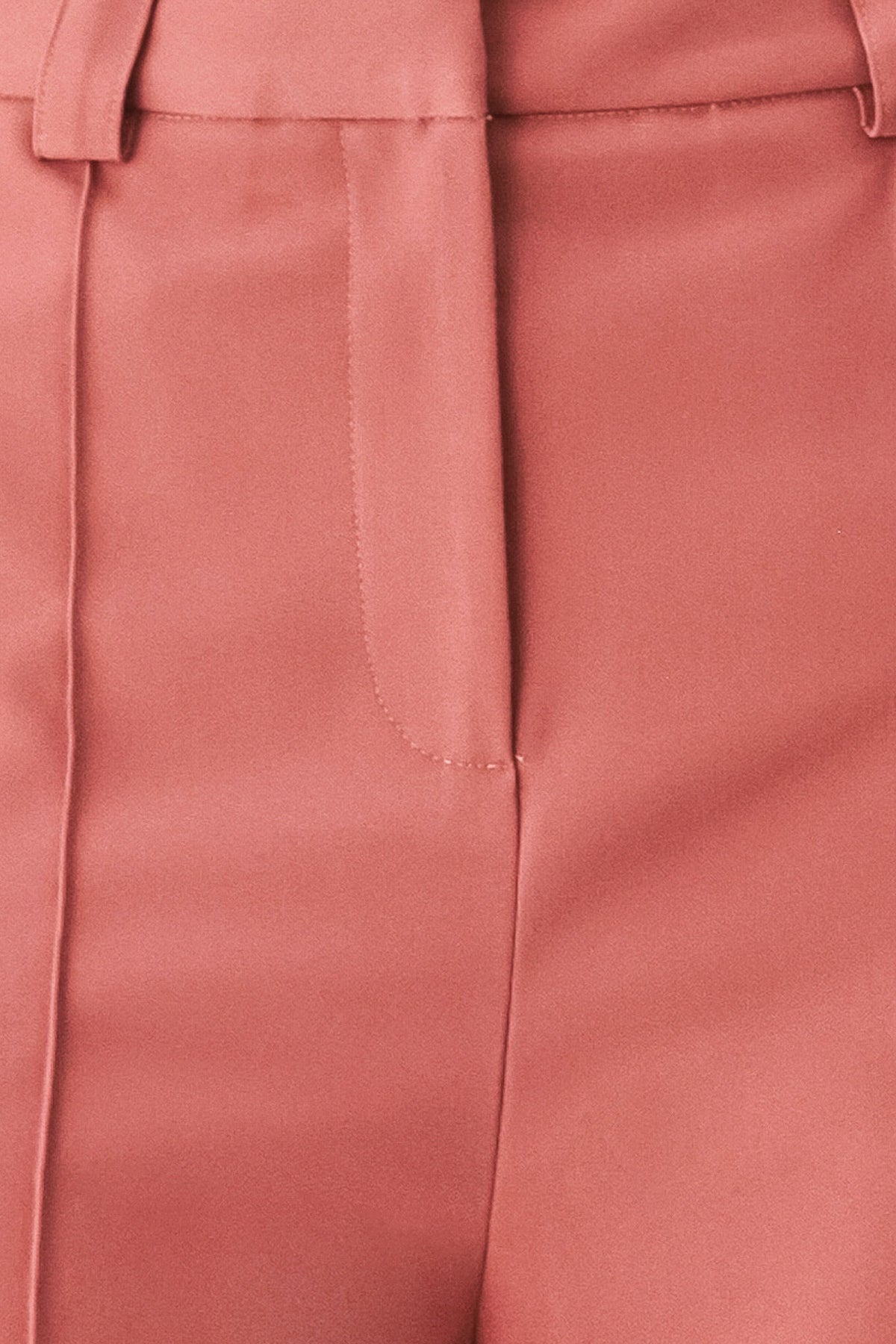Rose woven pants close-up of front vertical seams and waistband finish