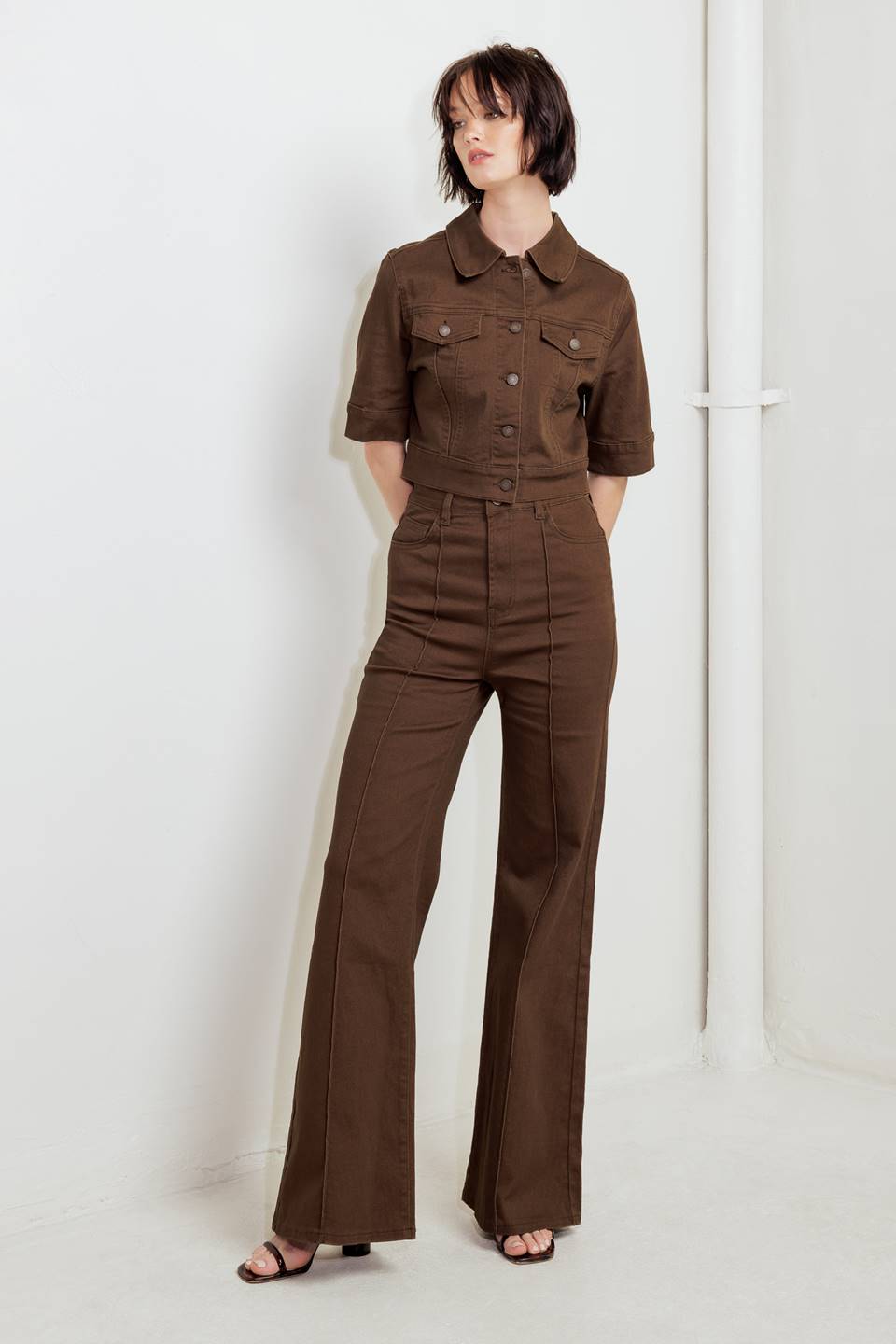 Women’s brown high-rise wide-leg twill pants with button front and side pockets.