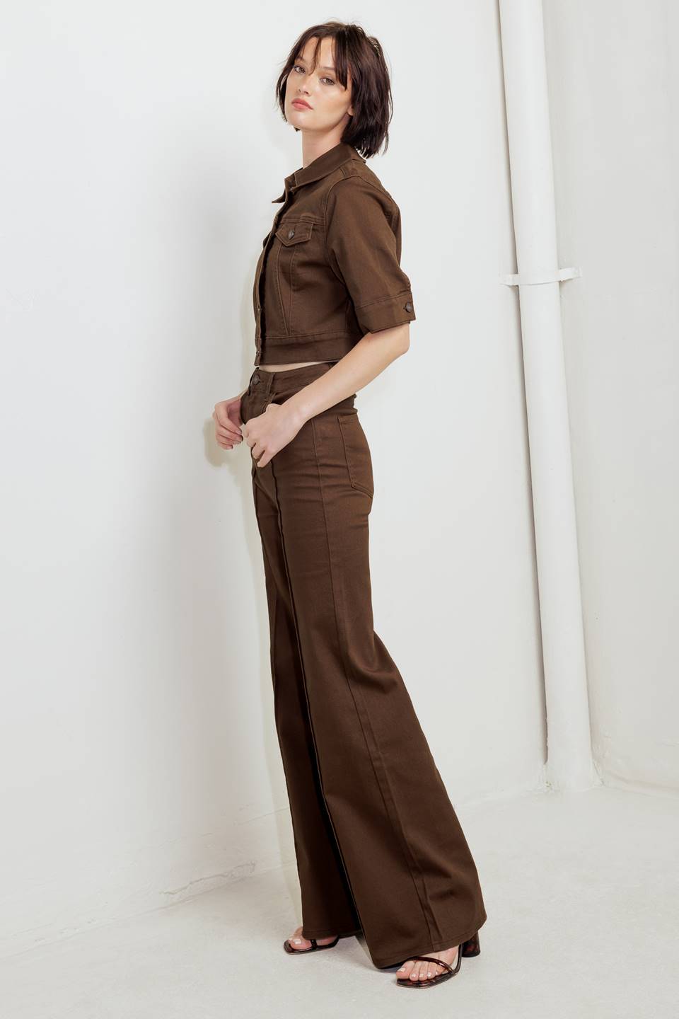 Brown twill pants with wide legs, side pockets, and button front