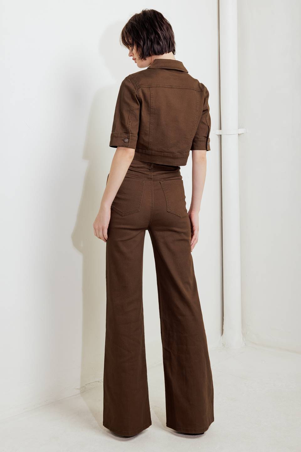 Brown twill pants, back view, wide legs with belt loops and flap pockets