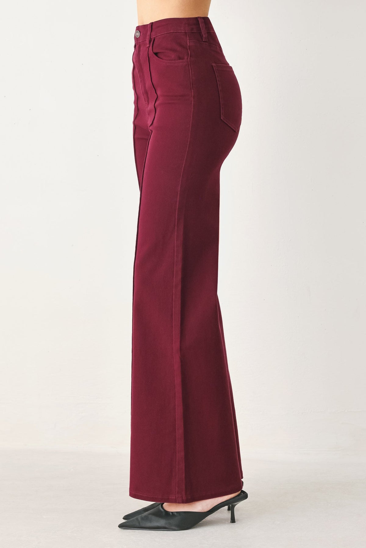 Women’s burgundy twill pants, high-rise straight wide leg with side pocket detail.