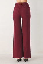 Women’s burgundy twill pants with high-rise wide legs and back yoke seam detail.
