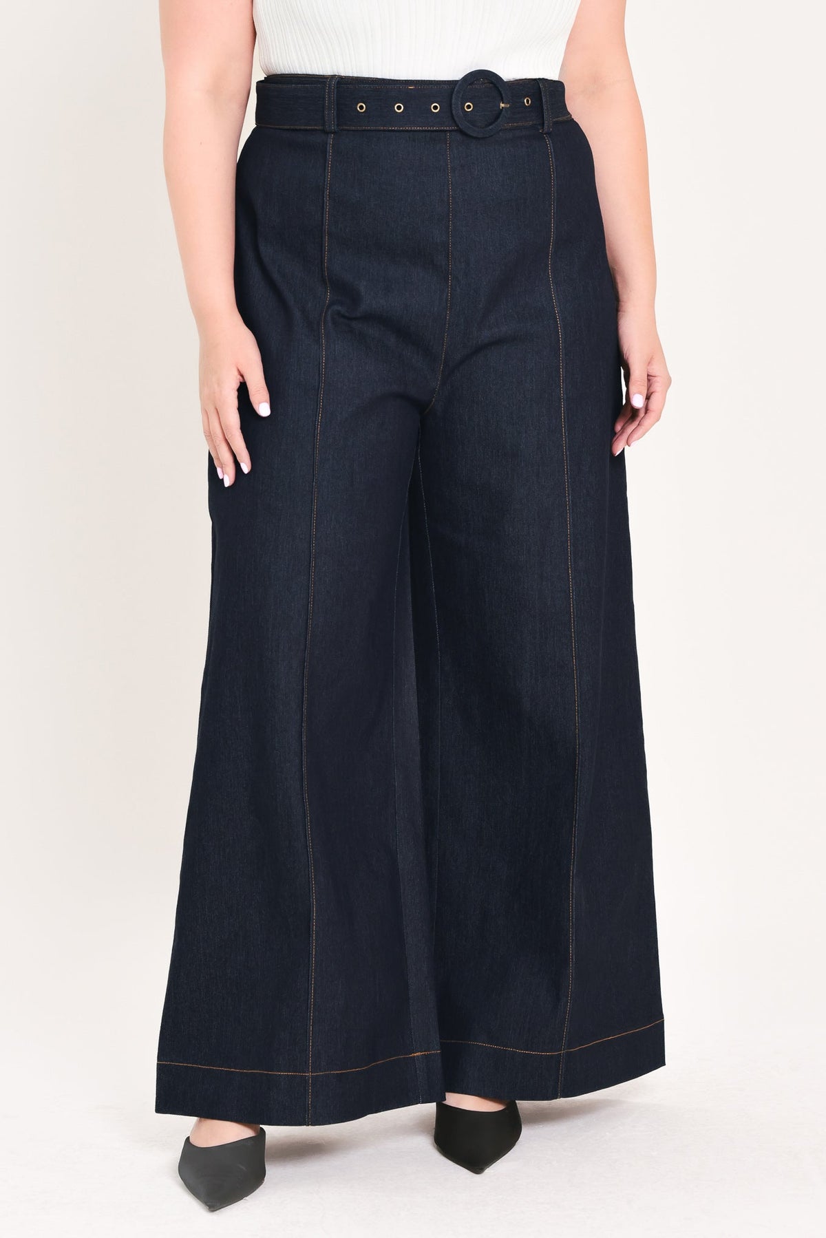Dark denim wide-leg trousers with button waist and straight, wide legs