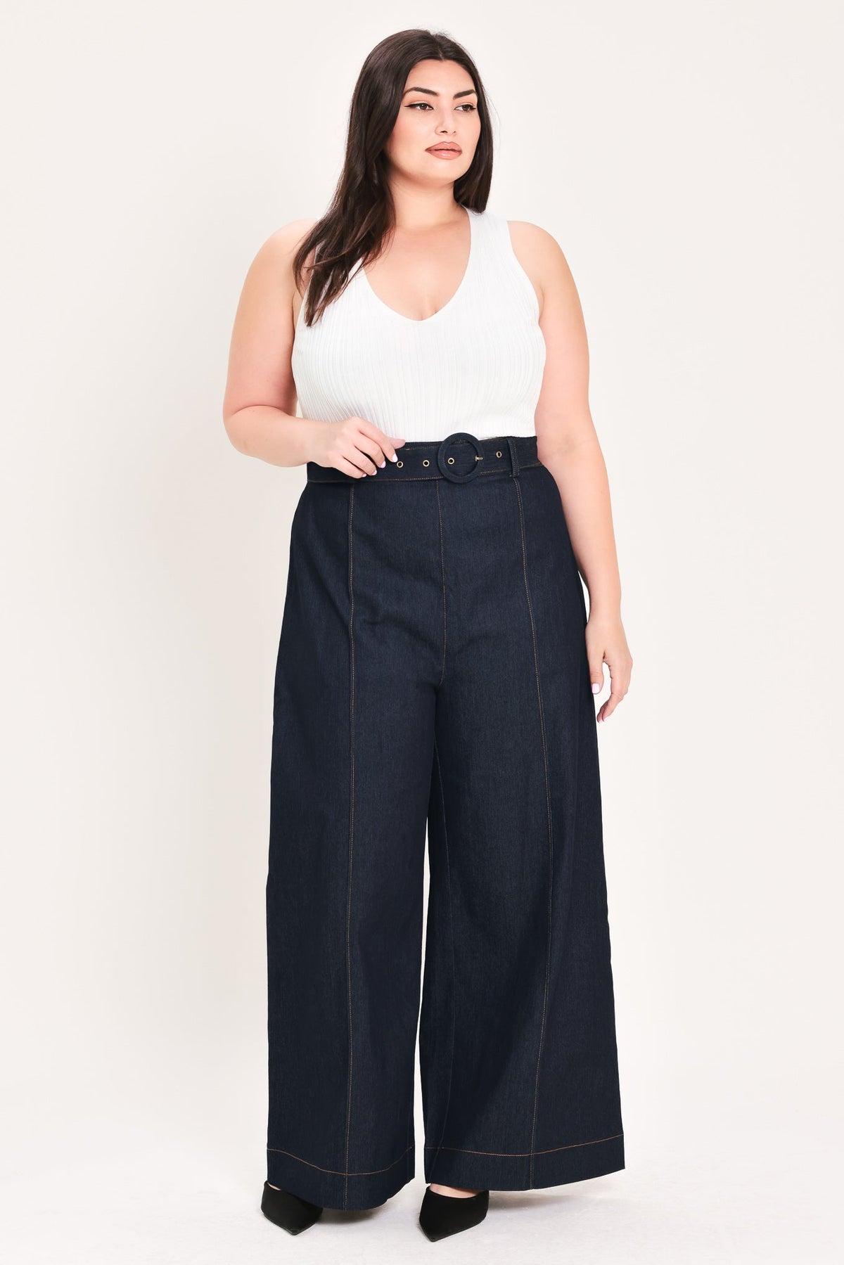 Dark denim wide-leg pants with high waist belt, center front seams, and contrast stitching
