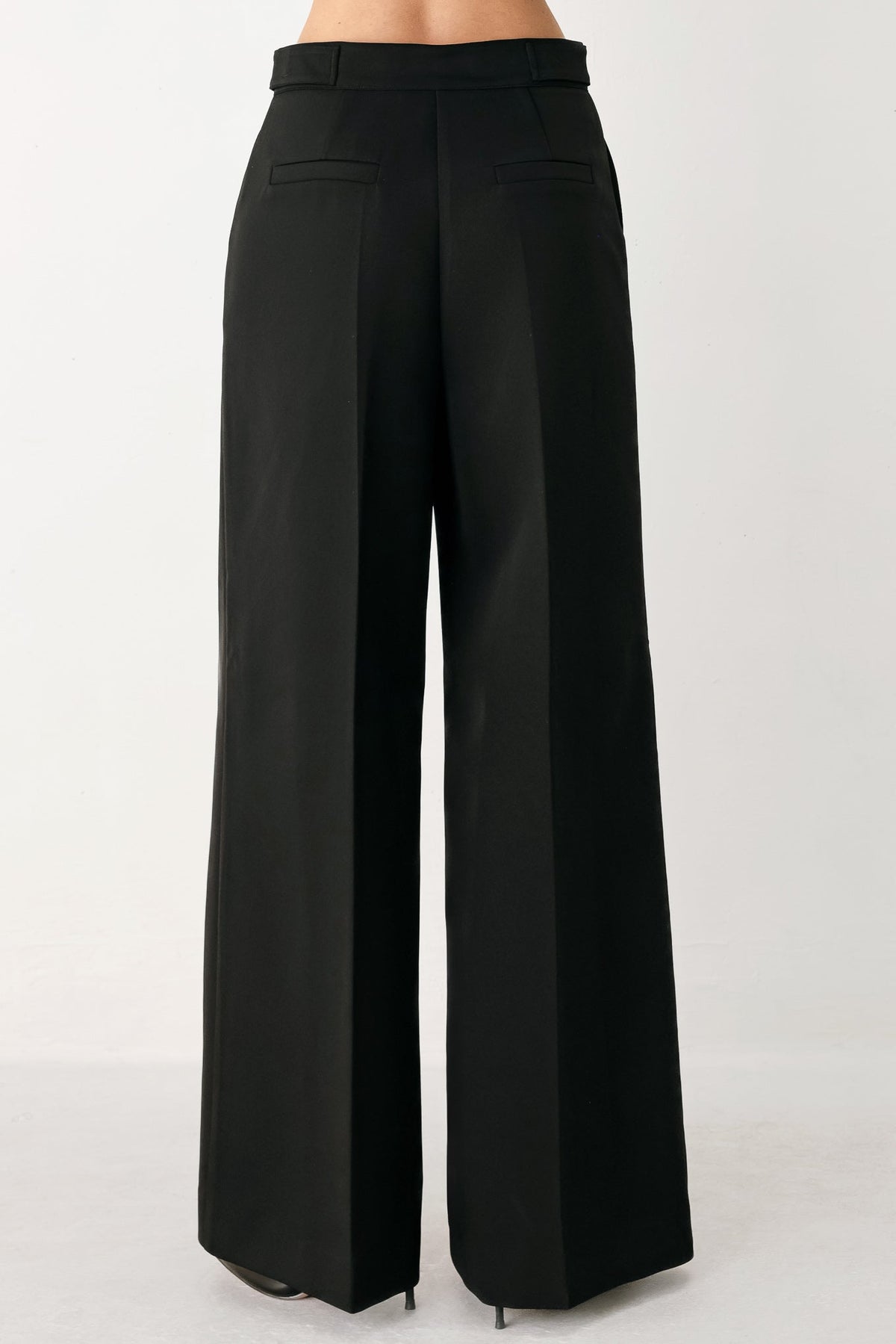 Black high-waisted wide-leg palazzo pants with back darts and smooth drape