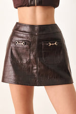 Brown embossed faux leather skort with front buckle pockets