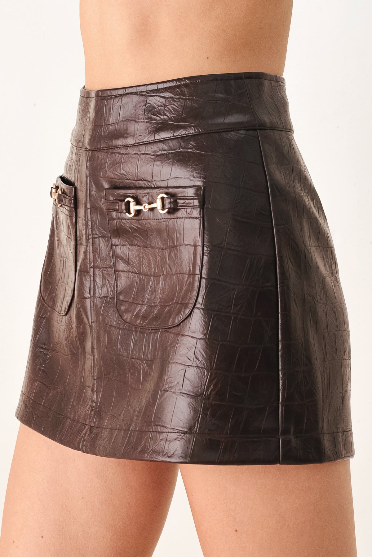 Brown embossed faux leather skort with flap pockets and stitched front panel
