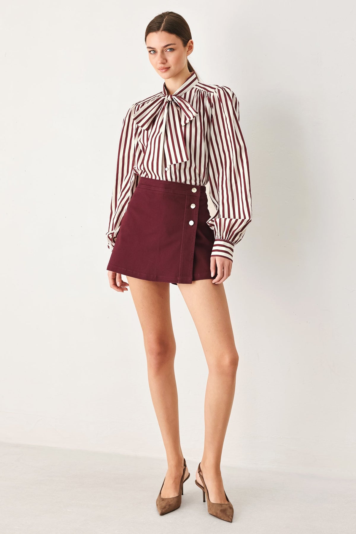 Burgundy woven skort with button front and A-line skirt overlay