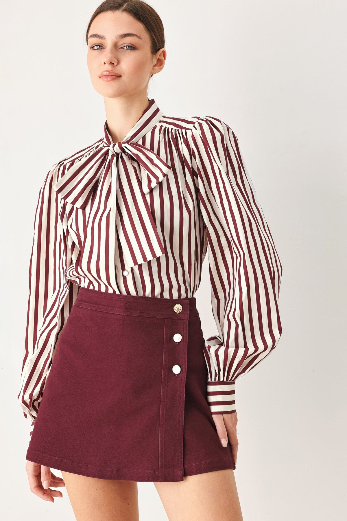Burgundy woven skort with button front and boxy hip darts