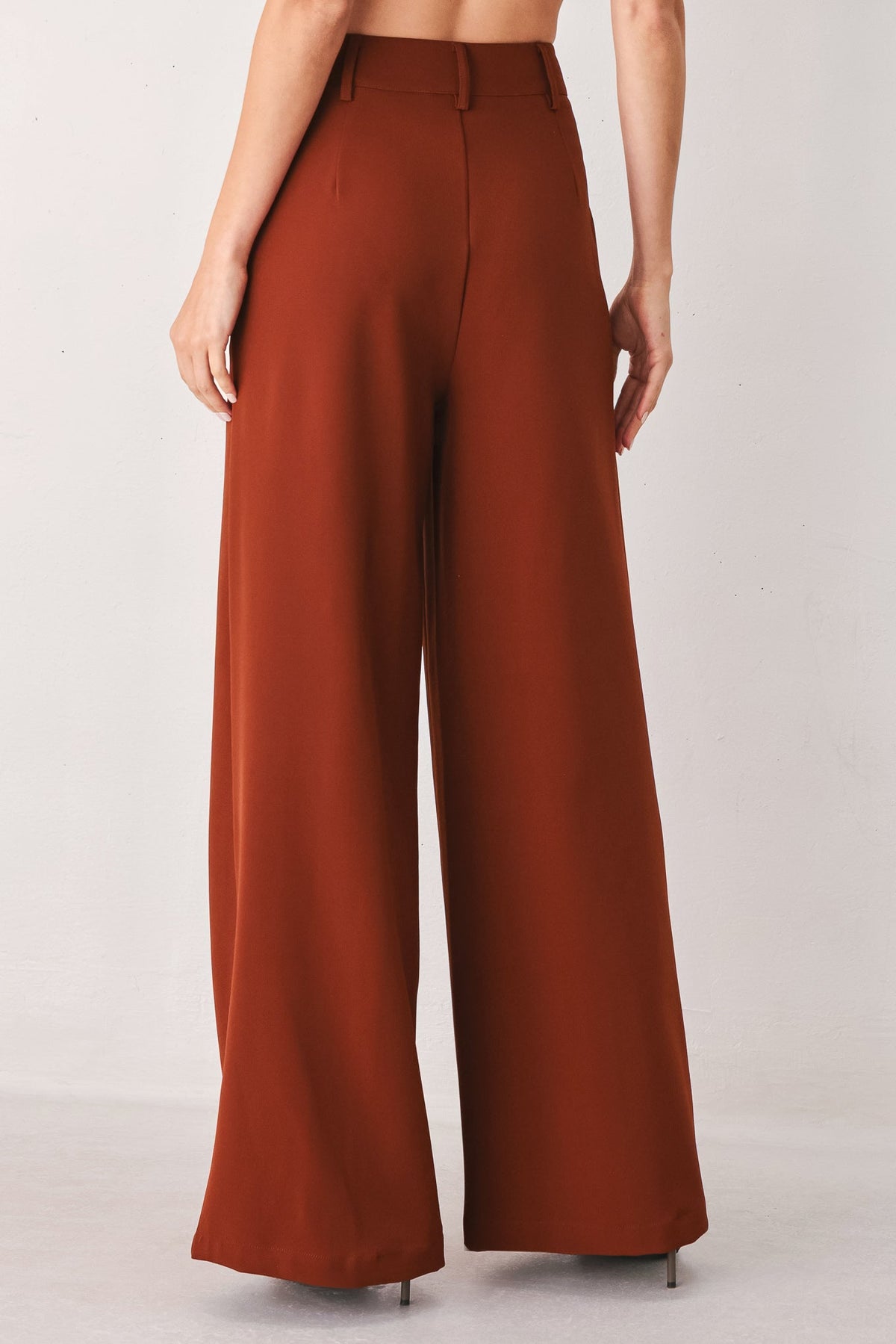 Rust woven wide-leg pants with center back seam and long flowy legs