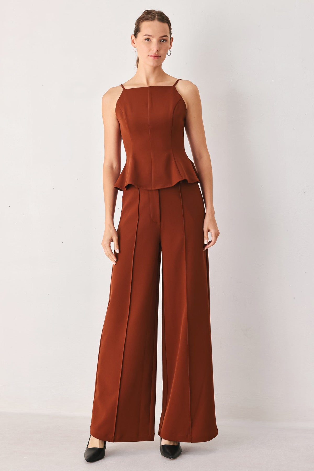 Rust high-waist wide-leg woven pants with belt loops and front pleats