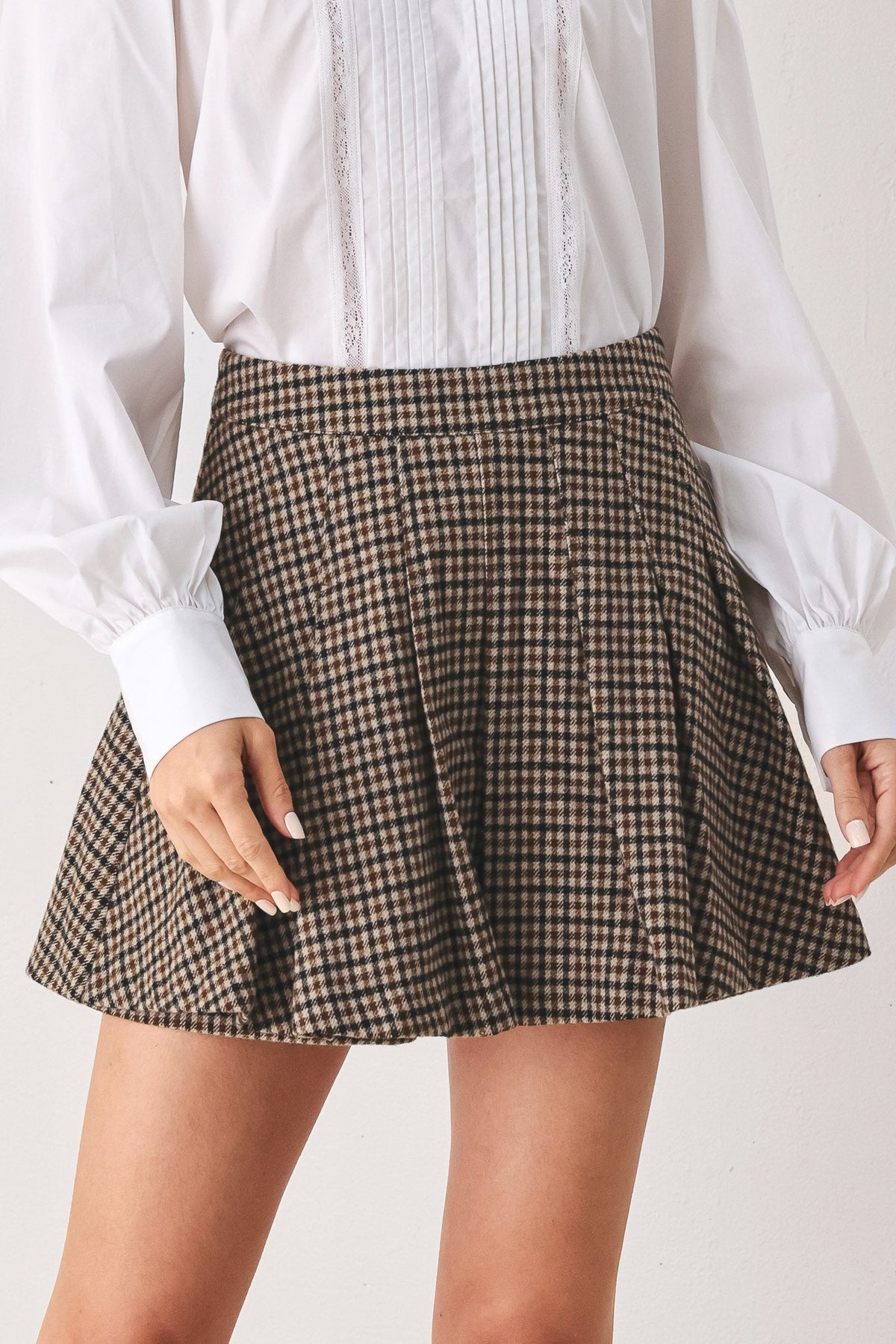 Brown and black tweed check woven skort with pleated flared front
