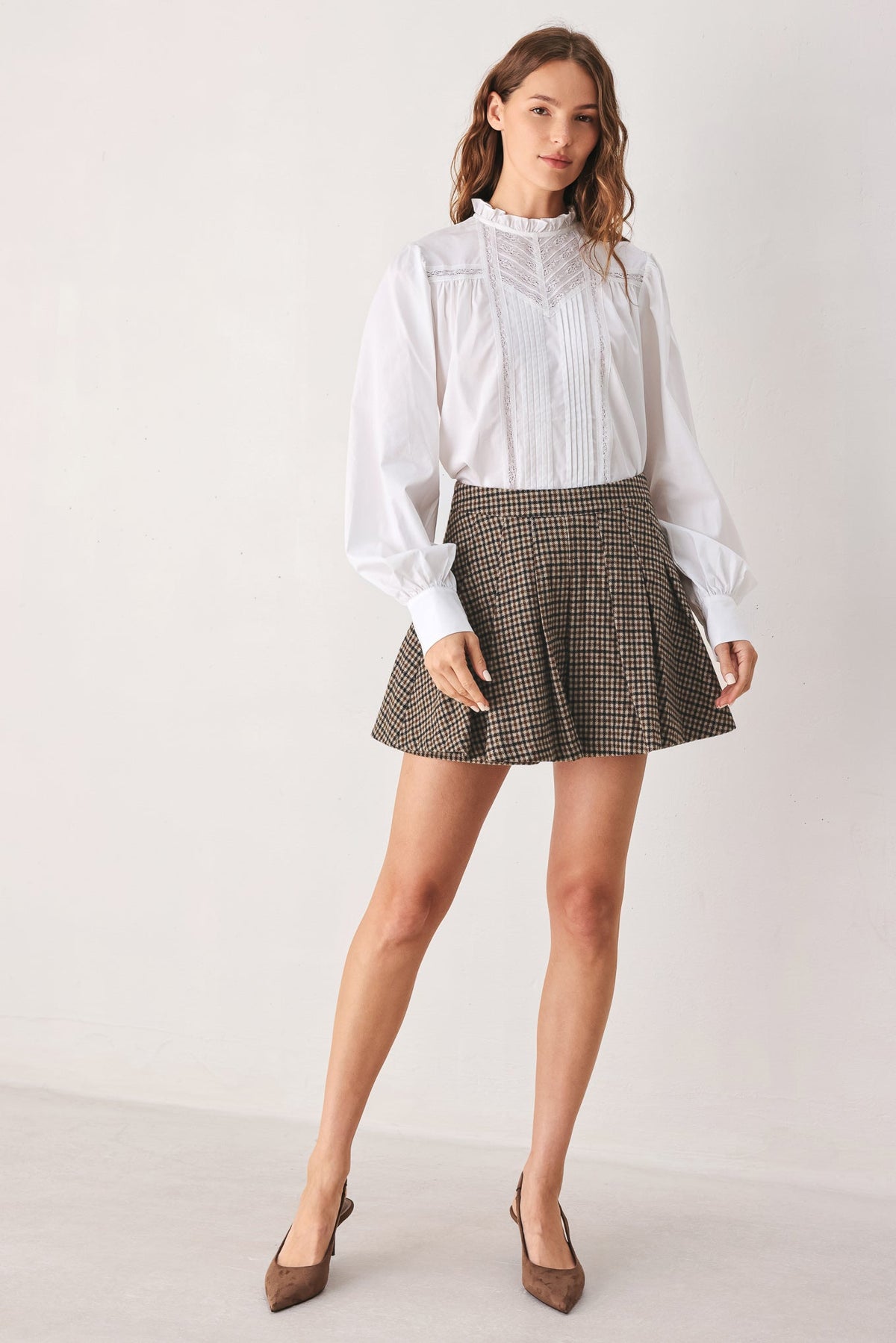 Brown and black tweed check skort, A-line pleated skirt silhouette