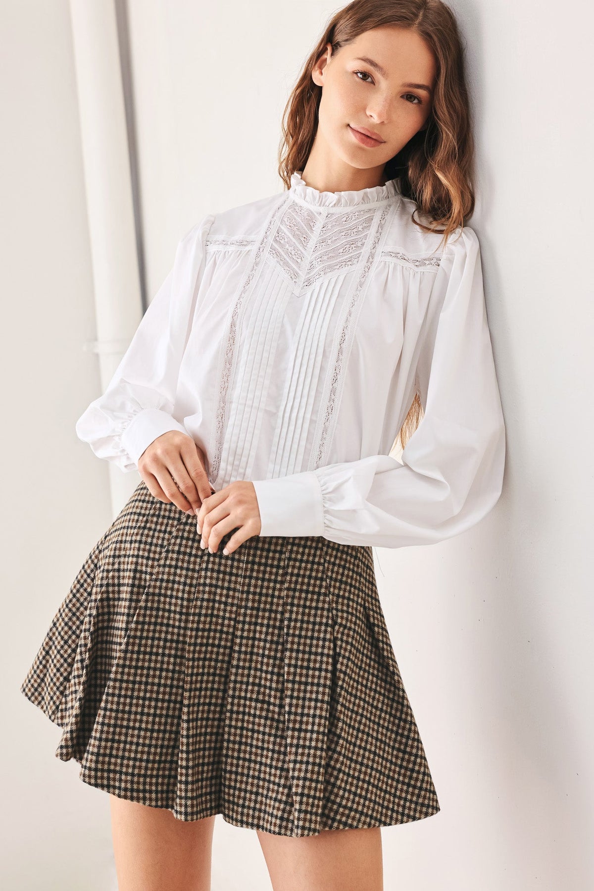 Brown tweed check skort with front pleats and gathered waistband detail
