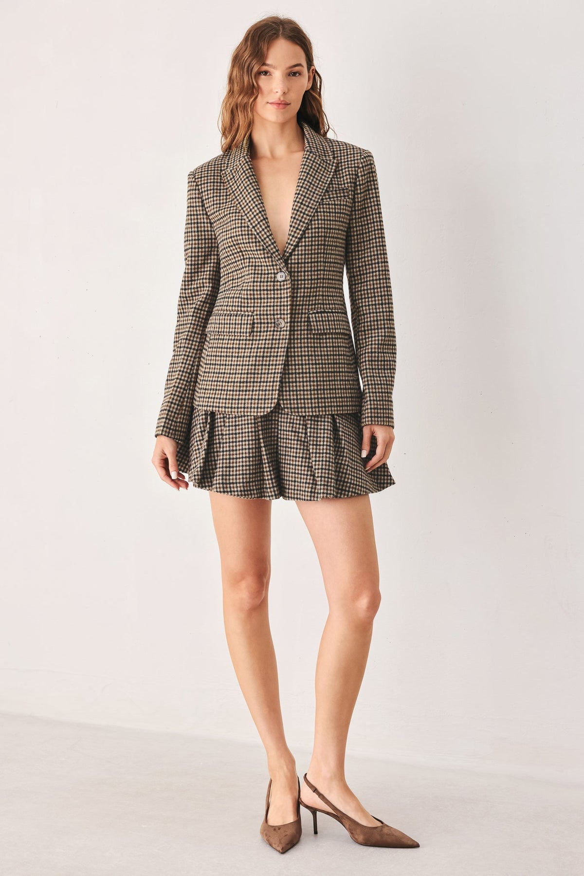Brown and black tweed check skort with pleated front and matching blazer look