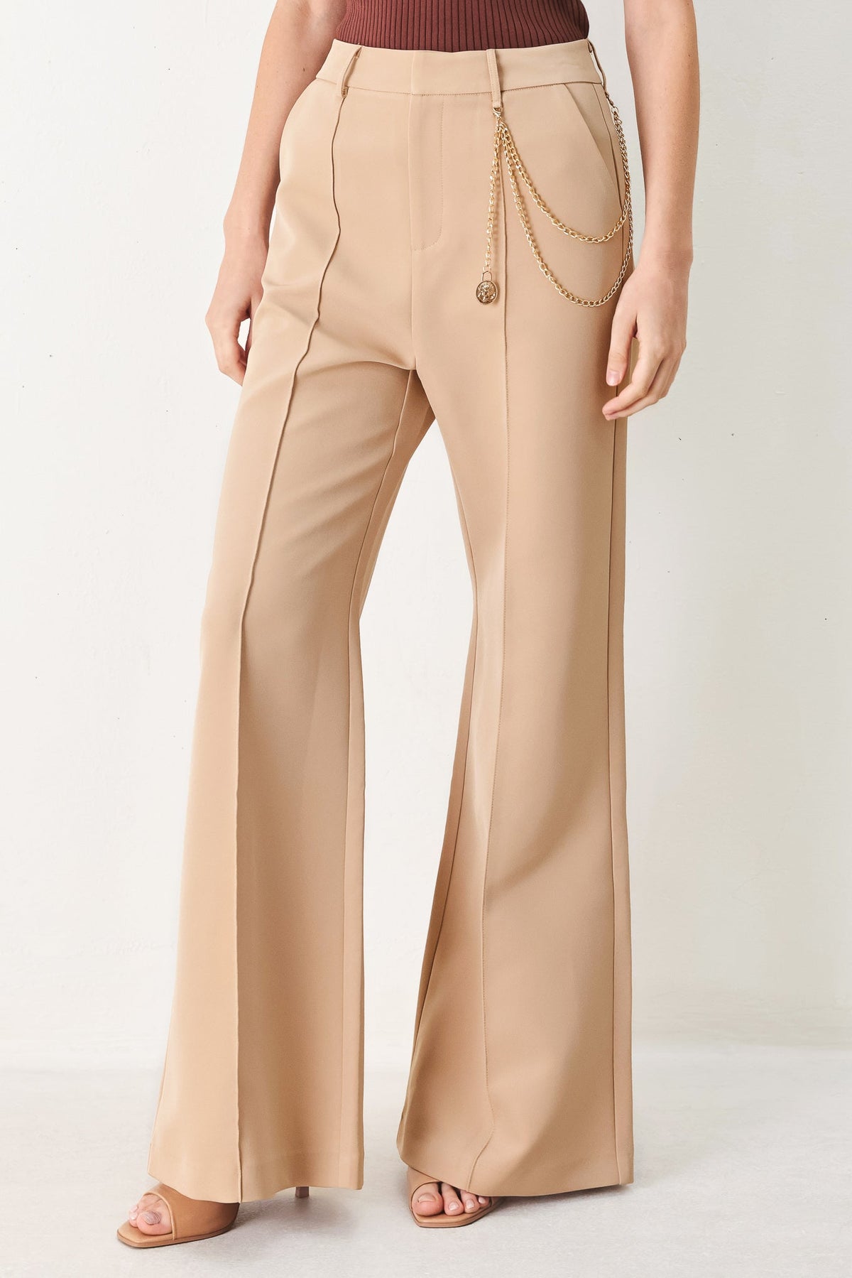 Camel woven wide-leg pants with side drape chain and gold-tone hardware