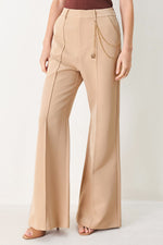 Camel woven wide-leg pants with side drape chain and gold-tone hardware