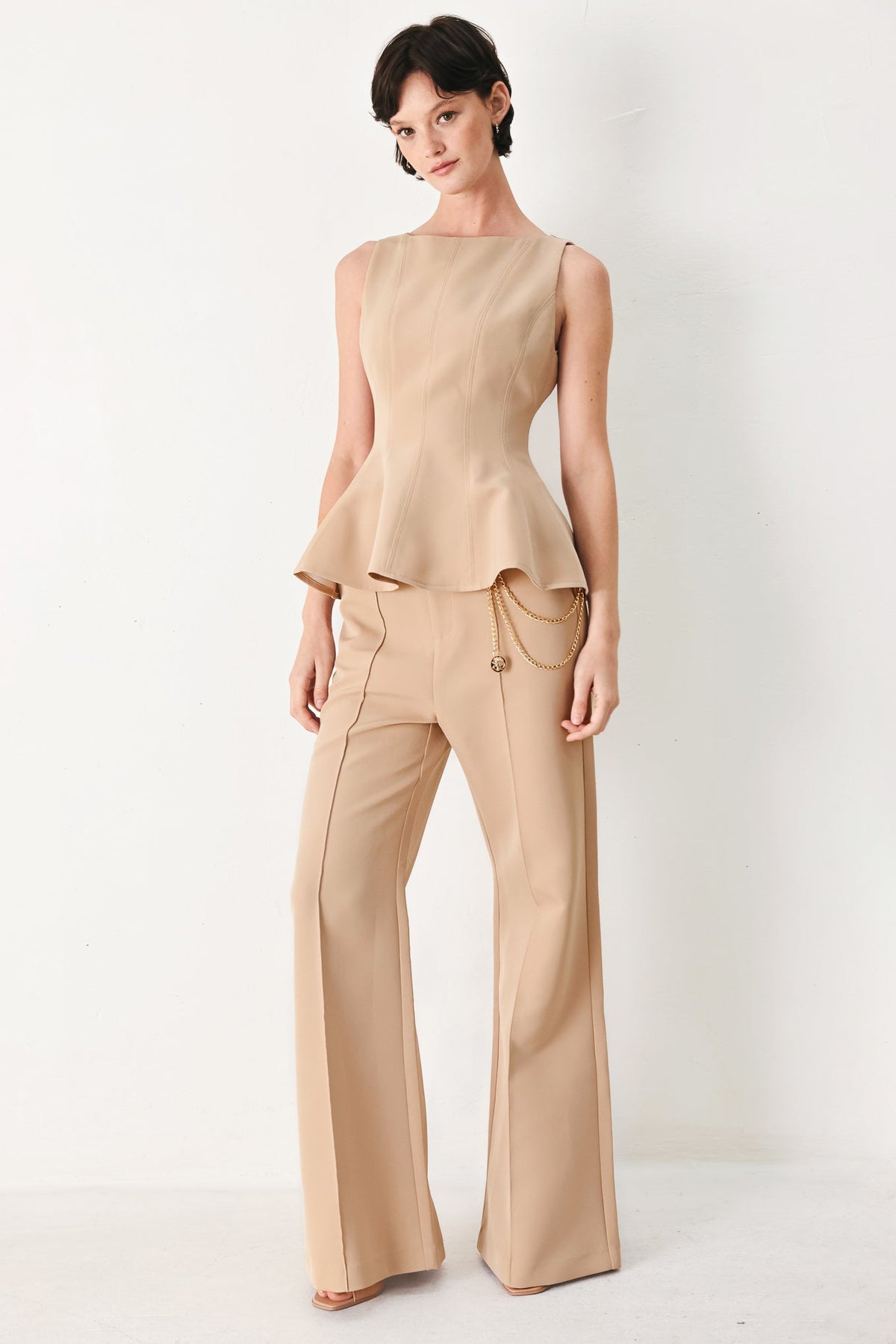 Camel sleeveless peplum top and high-rise woven wide-leg pants set