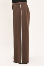 Brown wide-leg stretch pants with contrast stripe down the leg