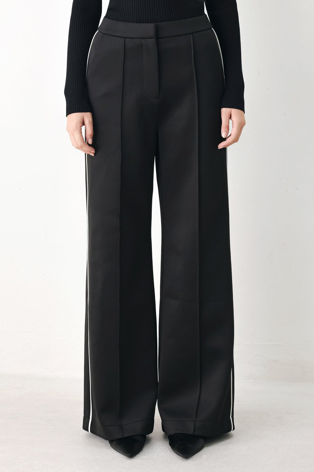 Black wide-leg woven pants with pintuck front and white side stripe detail