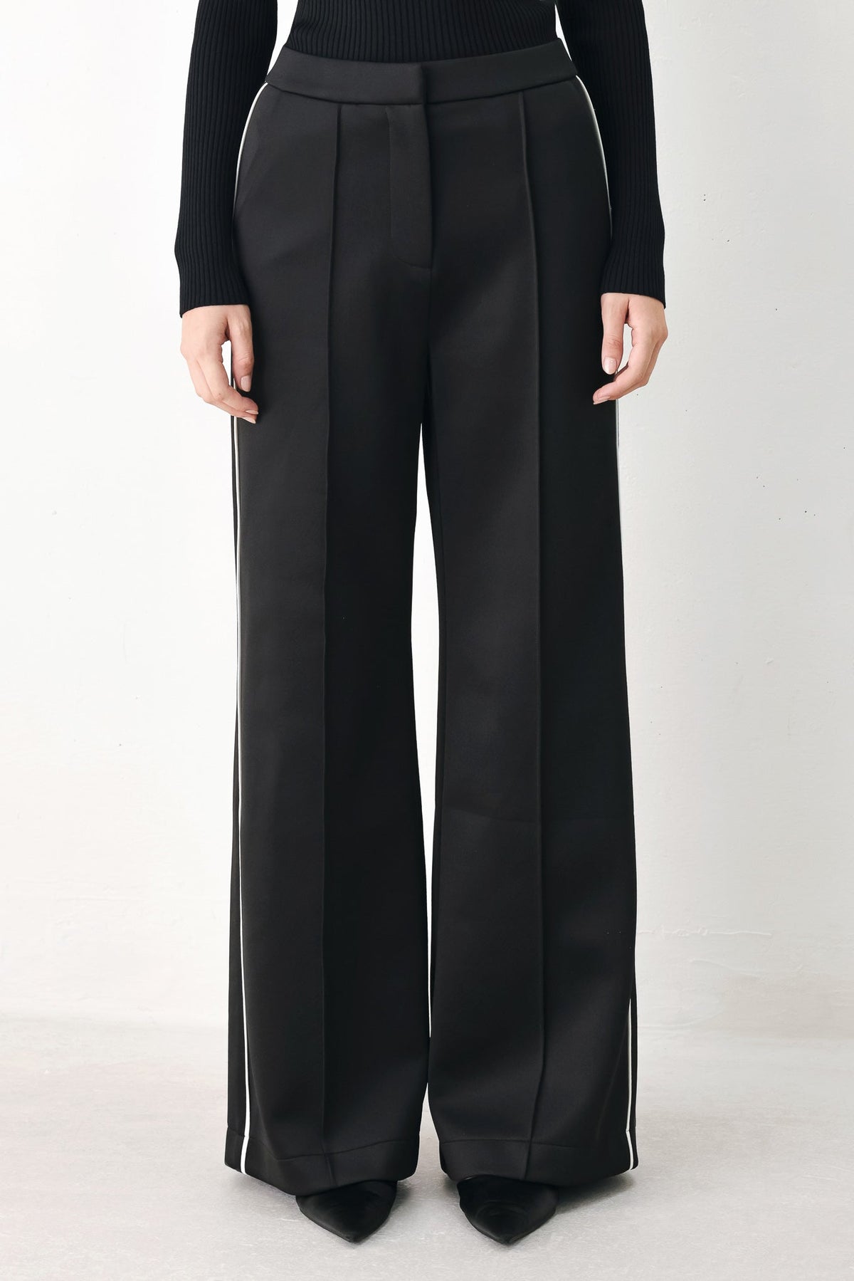 Black wide-leg woven pants with pintuck front and white side stripe detail
