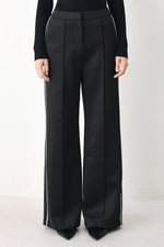 Black wide-leg woven pants with pintuck front and white side stripe detail