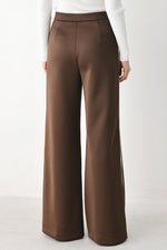 Brown high-rise wide-leg stretch pants with relaxed straight fit