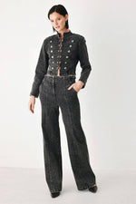 Black denim wide-leg pants with high-rise waist and back pockets