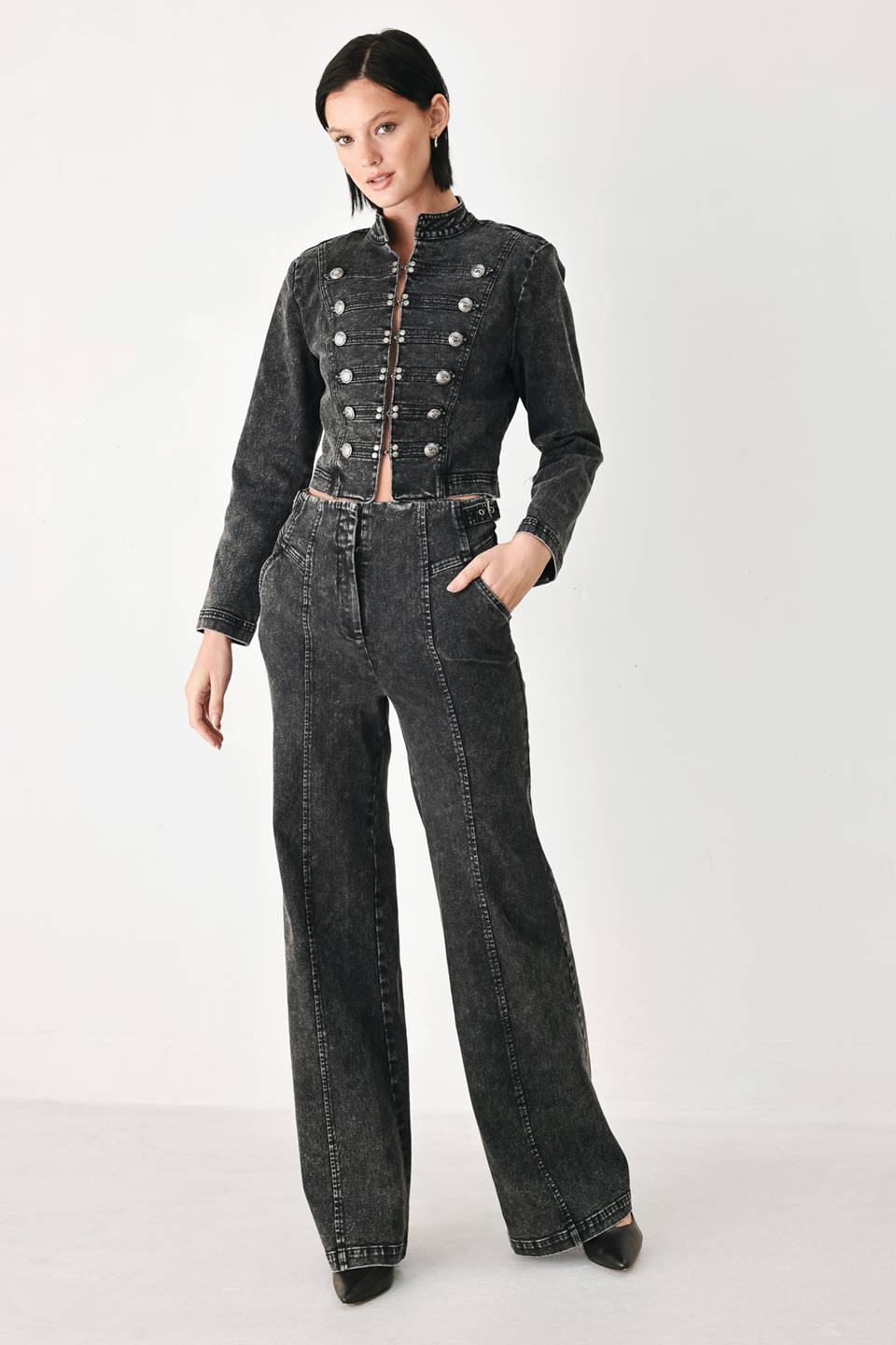 Black denim wide-leg pants with high-rise waist and back pockets