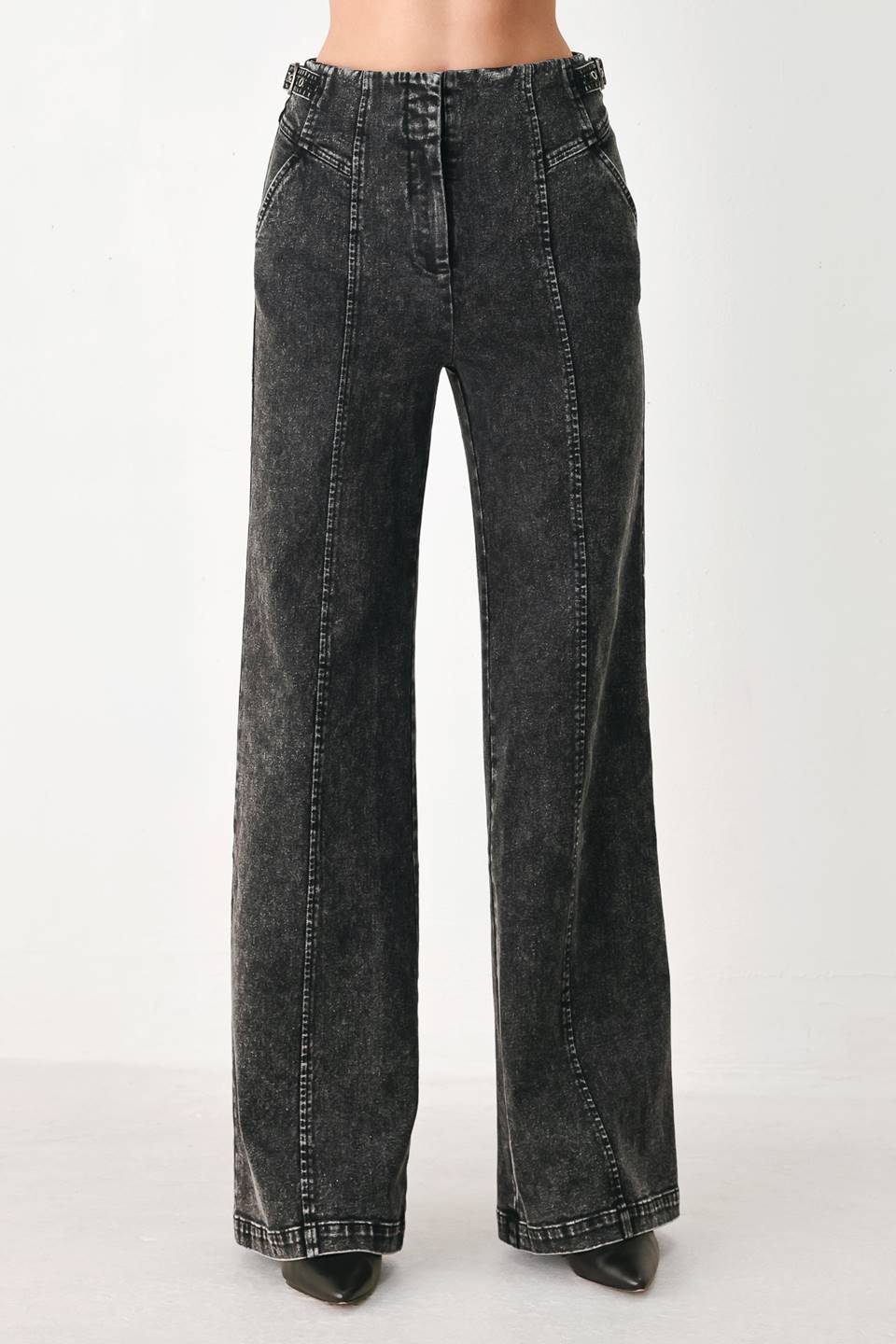 Dark wash black denim wide-leg pants with belt loops and front pockets
