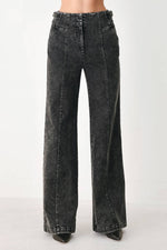Dark wash black denim wide-leg pants with belt loops and front pockets