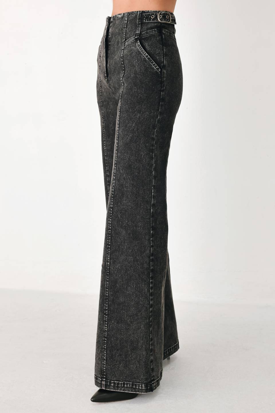 Black denim wide-leg pants with front fly detail and straight long legs