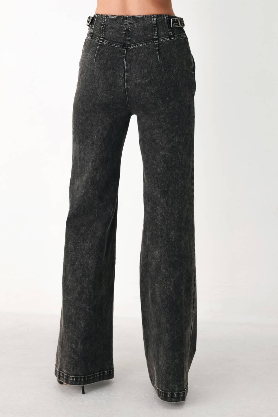 Black denim wide-leg pants with high-rise waist and wide straight leg