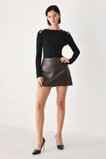 Brown faux leather skort, A-line mini length with smooth faux leather finish
