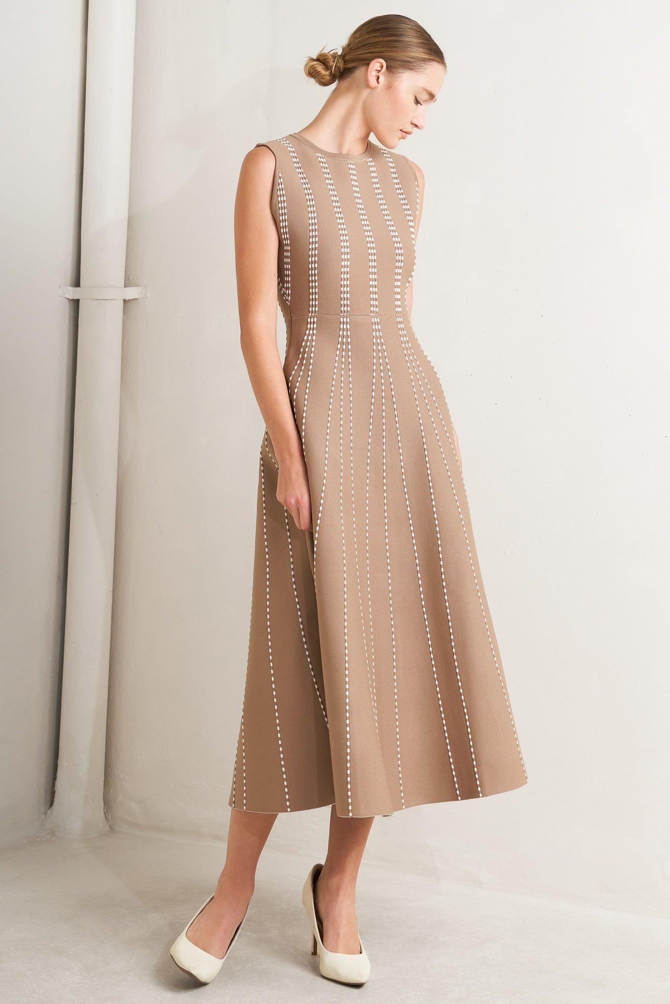 Mocha and white striped jacquard midi sweater dress, sleeveless crew neck fit-and-flare
