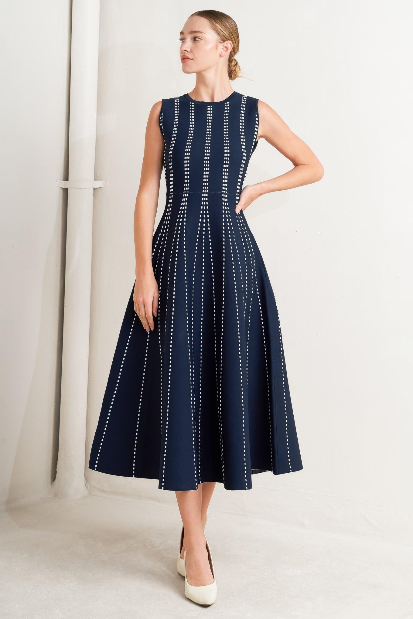 Navy and white striped jacquard midi sweater dress, sleeveless crew neck fit-and-flare