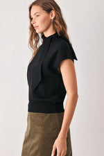 Black soft knit top with scarf-style neck tie and relaxed short sleeves